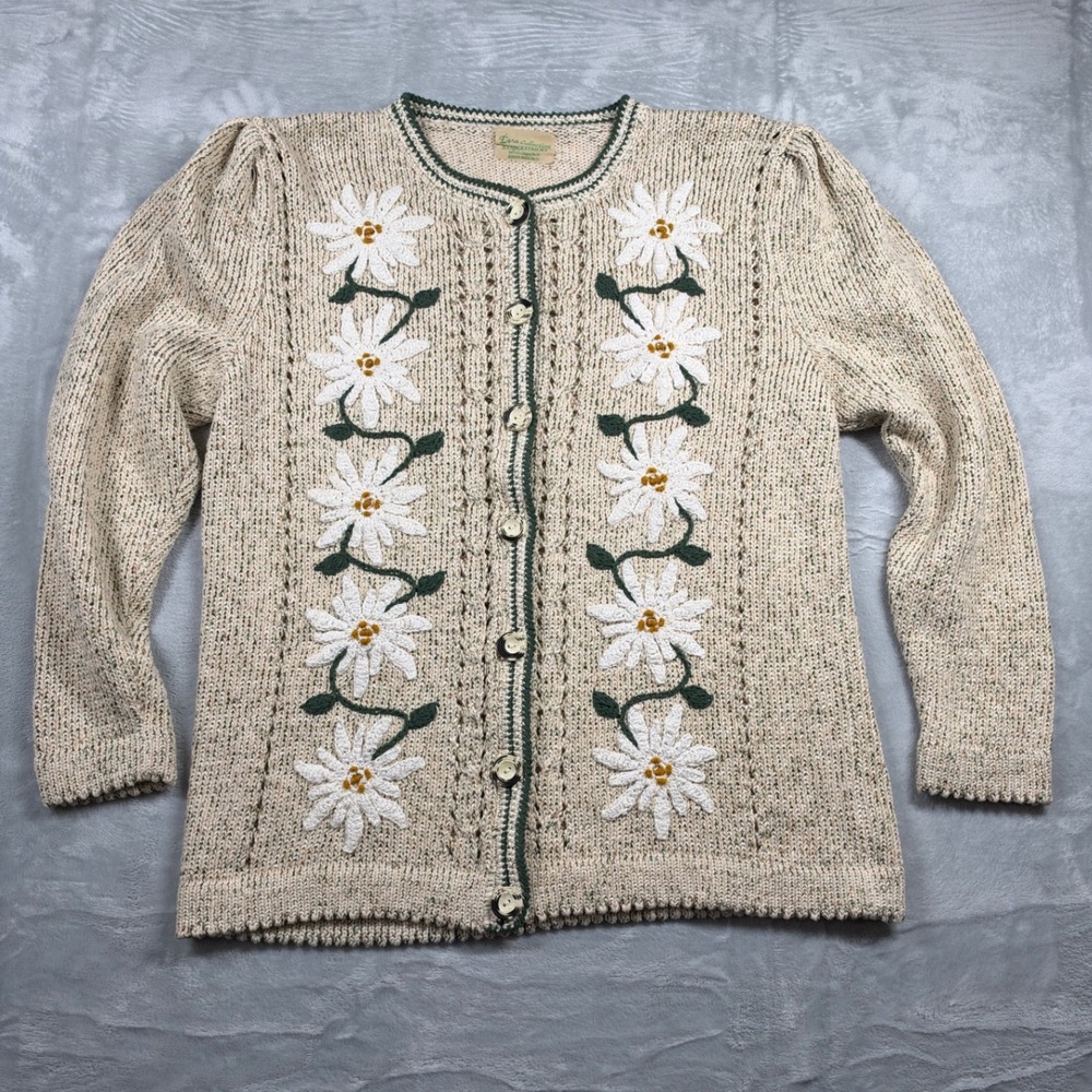 Vintage Eva Collection Cardigan Daisy Embroidered Puff Sleeve Cottage Folk Knit